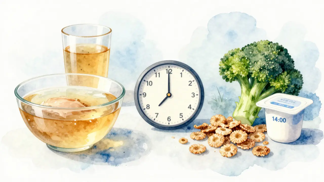 Přechod na tekutou stravu: jasný vývar a šťáva vedle odstraněných potravin.