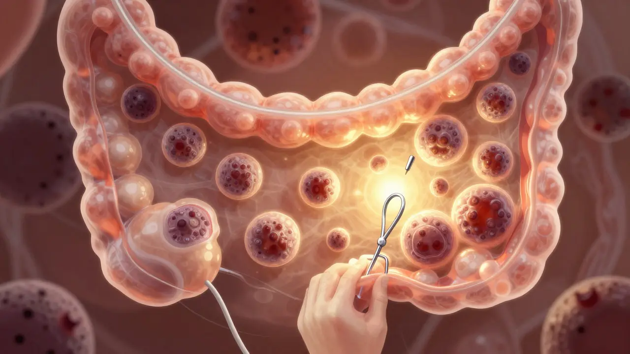 Průhledné stěny tlustého střeva s odstraňovanými polypy, zářící zlatou barvou prevence.
