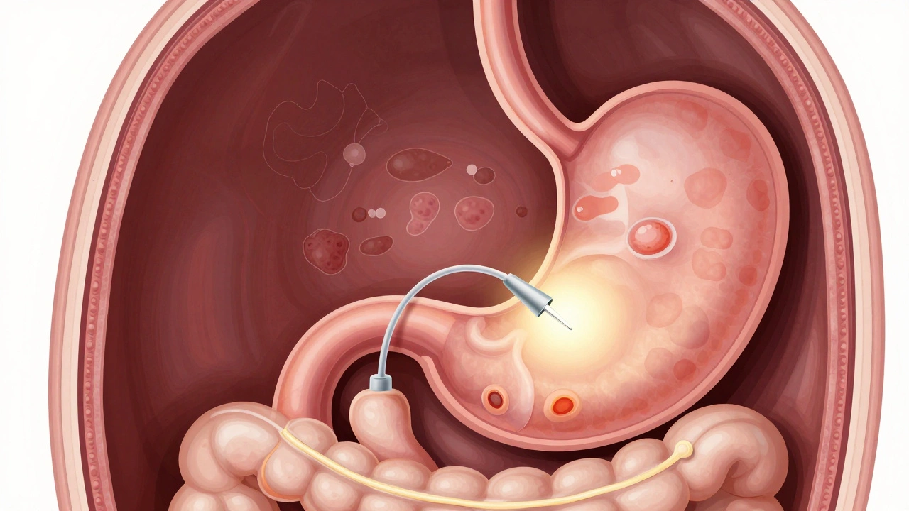 Průřez horního trávicího traktu s endoskopem procházejícím jícnu do žaludku, viditelné sliznice a nástroje pro biopsii.