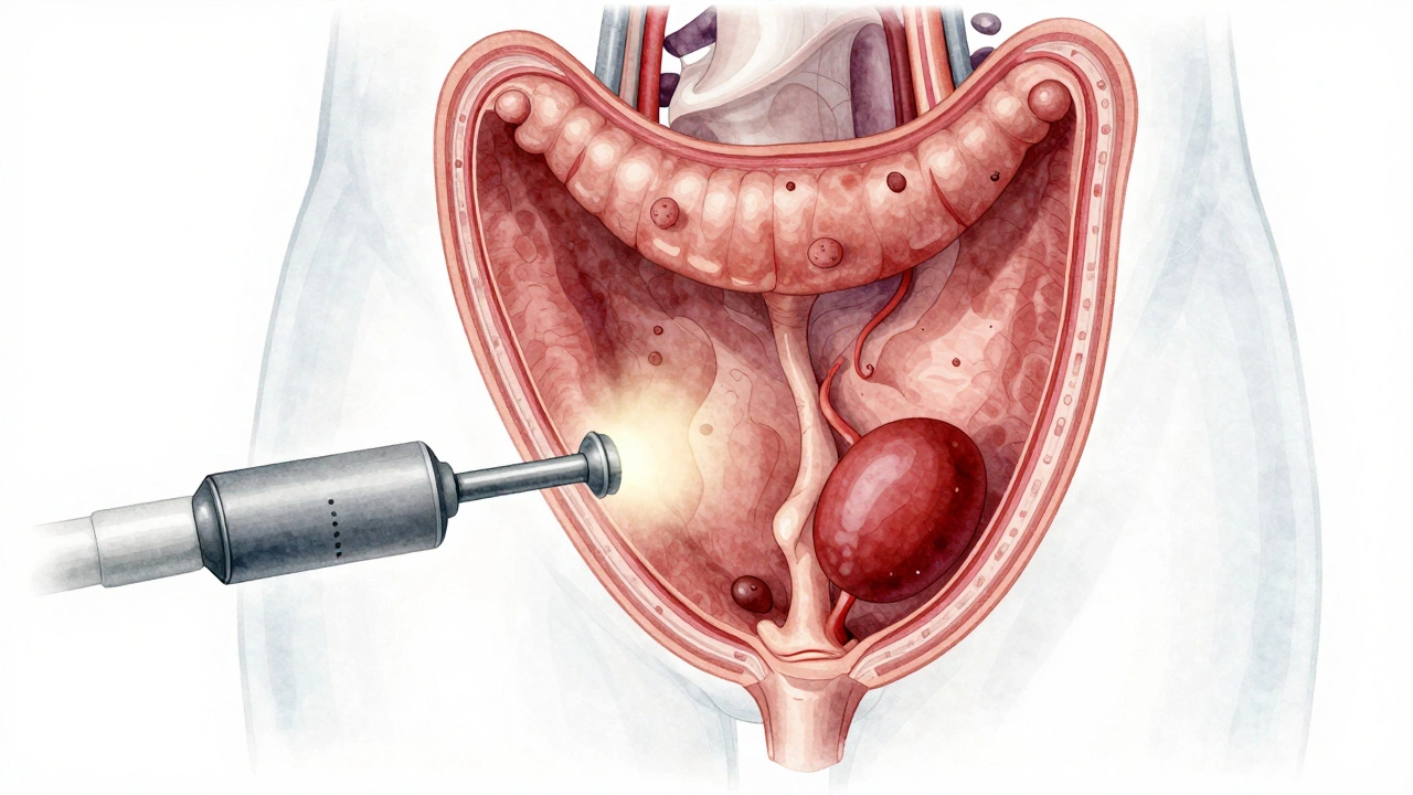 Průřez konečníku s viditelnými hemeroidy, trhlinami a polypy.
