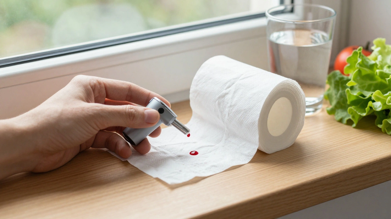 Rektoskop a krev na toaletním papíři vedle zdravé stravy a vody.