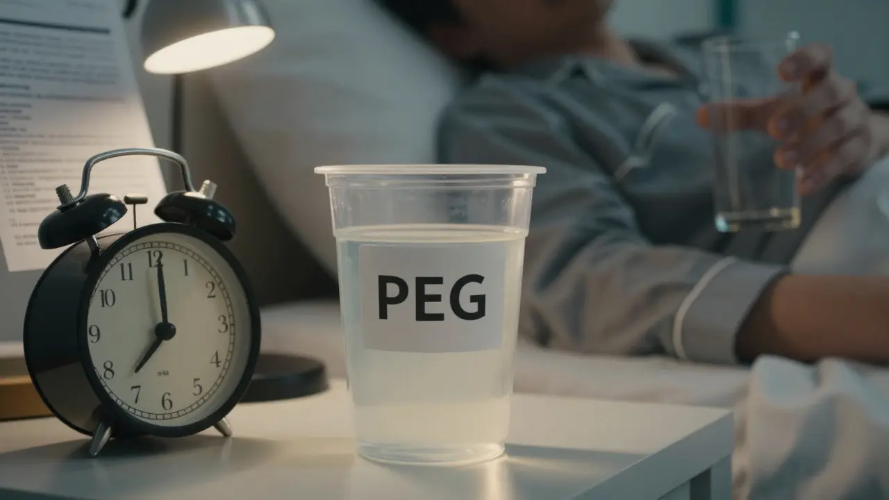 Sklenice s přípravkem na vyčištění střeva a hodiny ukazující večer před vyšetřením.