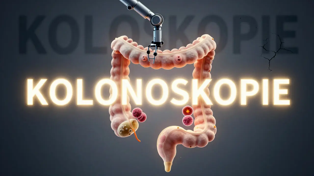 Slovo 'kolonoskopie' září nad zdravým tlustým střevem, 'koloskopie' zaniká ve stínu.