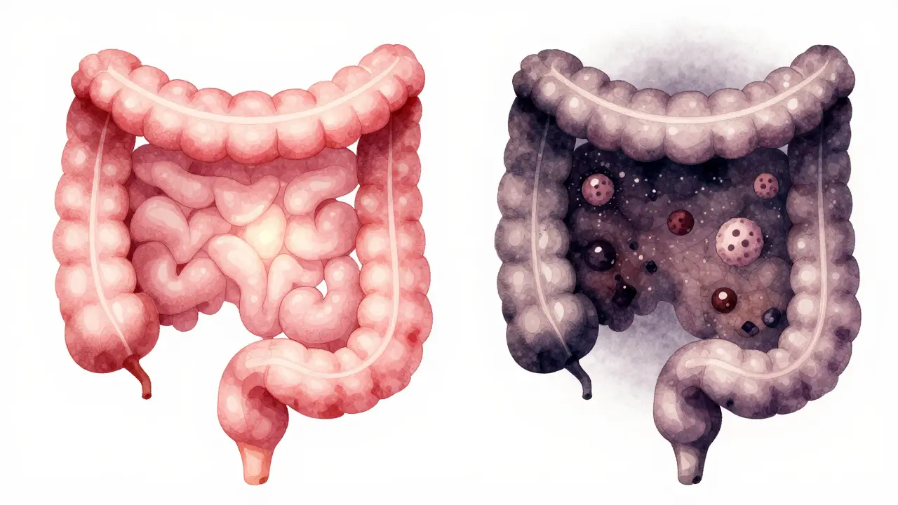 Srovnání čistého a zaneseného tlustého střeva, symbolická ilustrace zdraví a prevence.