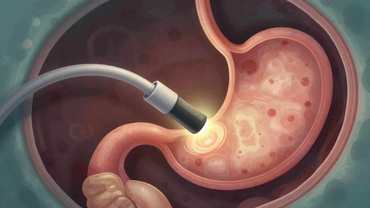 Vnitřní pohled do žaludku během endoskopie, kamera zobrazuje sliznici s příznaky zánětu.