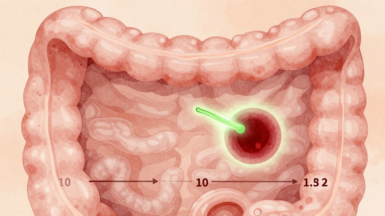 Vnitřní zobrazení tlustého střeva s polypem, který se pomalu mění v nádor, s časovou osou.