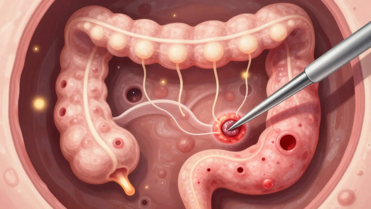 Zvětšený pohled na dvanáctník s zánětem, vředy a biopsií tkáně během fibroskopie.
