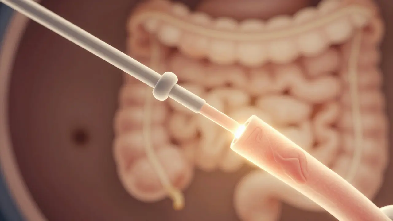 Čistý trávicí trakt při endoskopii, bez zbytků jídla, s jasnou sliznicí.