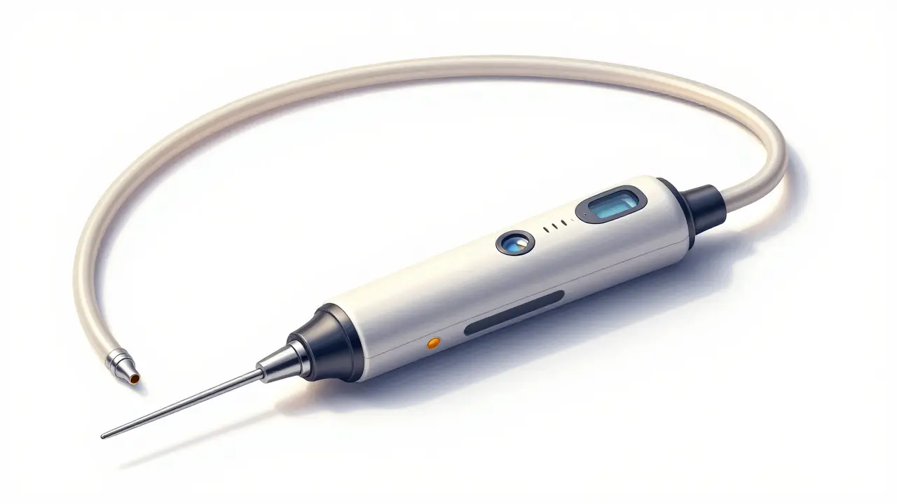 Detailní náhled gastroskopu s kamerou a miniaturními klešťmi pro odběr vzorku.