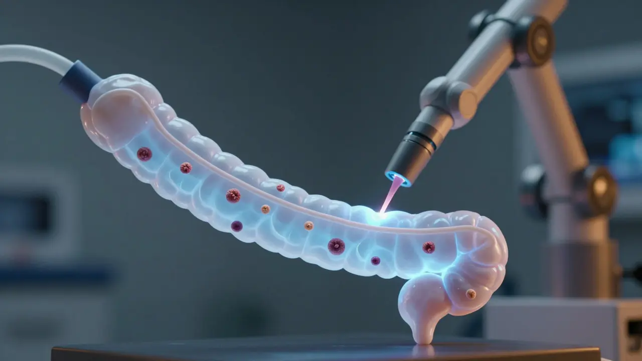 Fibroskop prochází tenkým střevem, zachycuje malé polypy a biopsii.