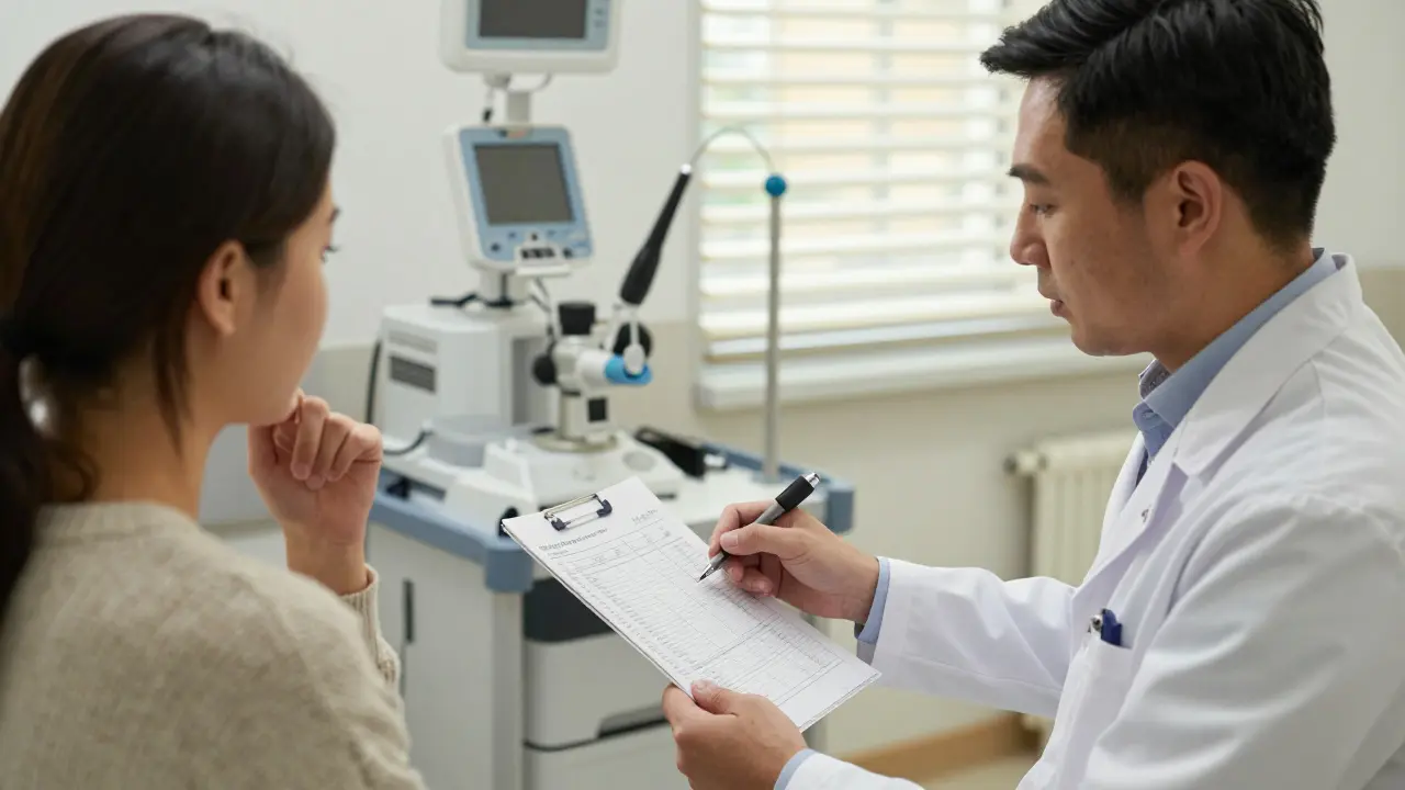 Gastroenterolog vysvětluje pacientovi vyšetření hemeroidů v nemocničním prostředí.