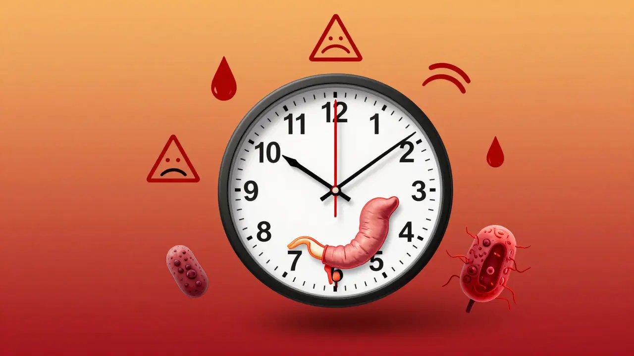 Hodiny s obrazem konečníku jako ciferníkem, rektoskop jako ručička.