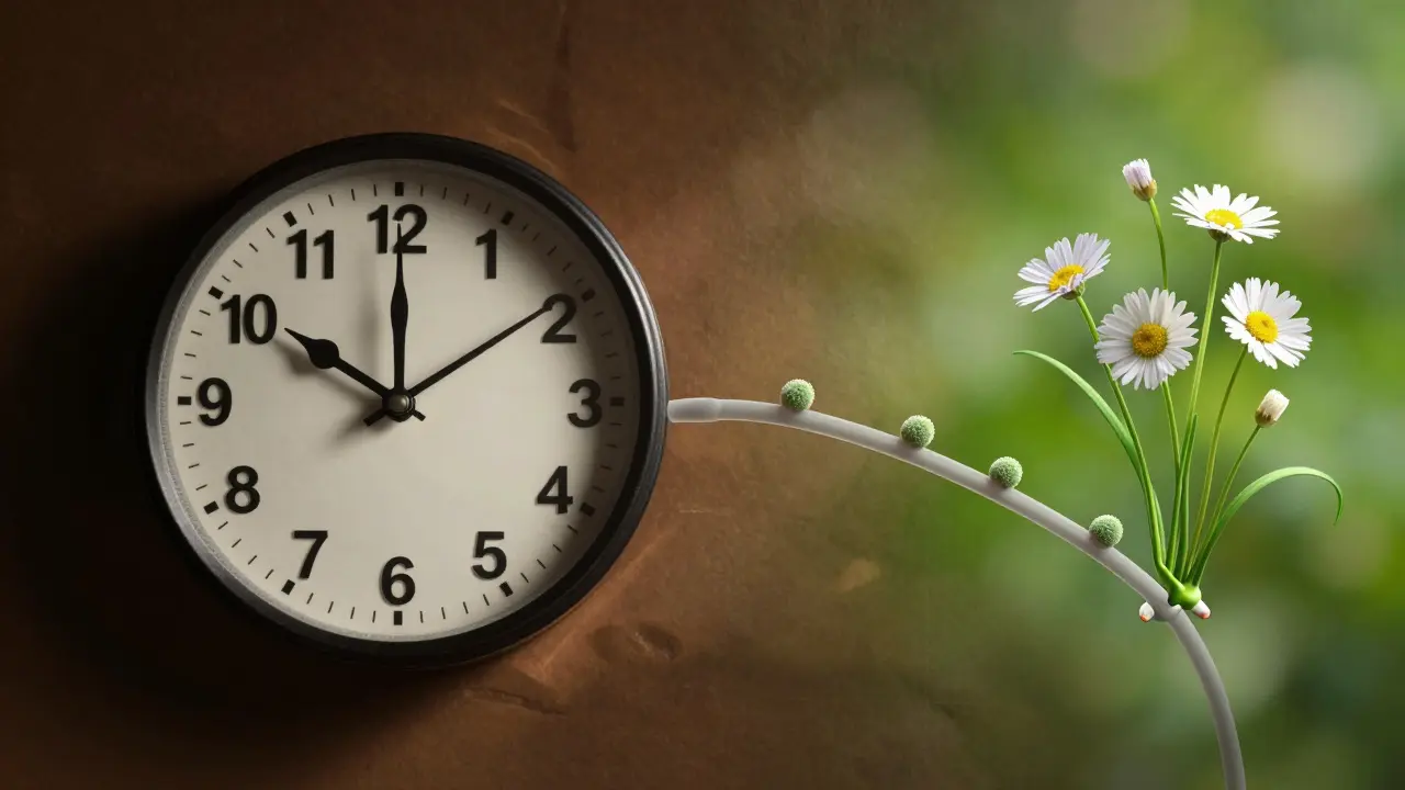 Hodiny s ručičkami tvaru kolonoskopu, které přeměňují polypy na květiny jako symbol prevence.