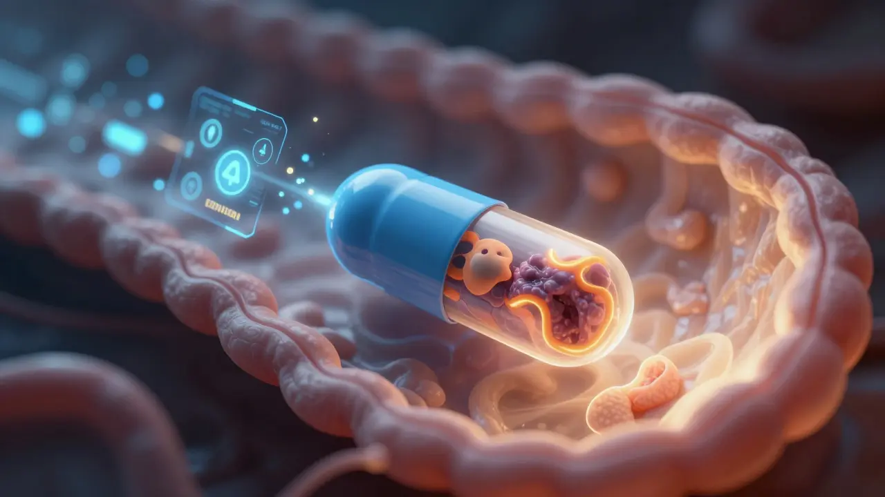 Kapslový endoskop plující střevy s digitálními indikátory.