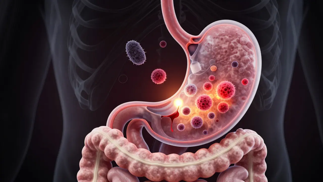 Koncepční ilustrace vnitřního vzhledu žaludku s vředem, polypy a bakteriemi Helicobacter pylori.