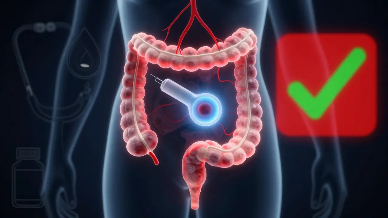 Konceptuální znázornění hemeroidů a rektoskopie v anatomickém výřezu dolního střeva.