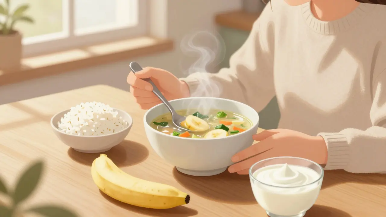 Lehké jídlo na stole po kolonoskopii: polévka, rýže a banán.