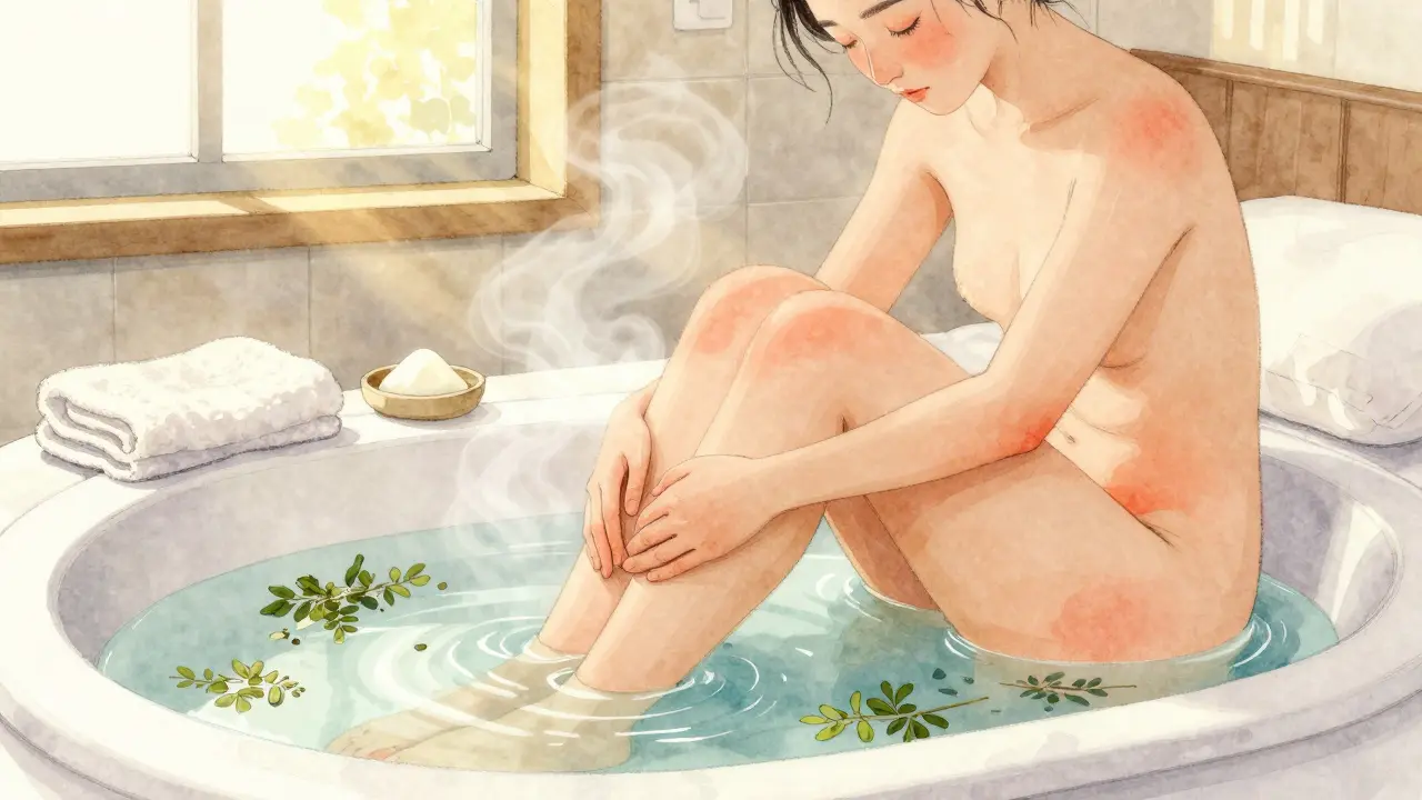 Osoba si dělá teplou koupel pro úlevu od zánětu konečníku.