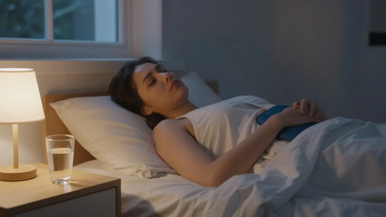 Osoba v posteli s teplou láhví na břiše, tichá noční atmosféra.