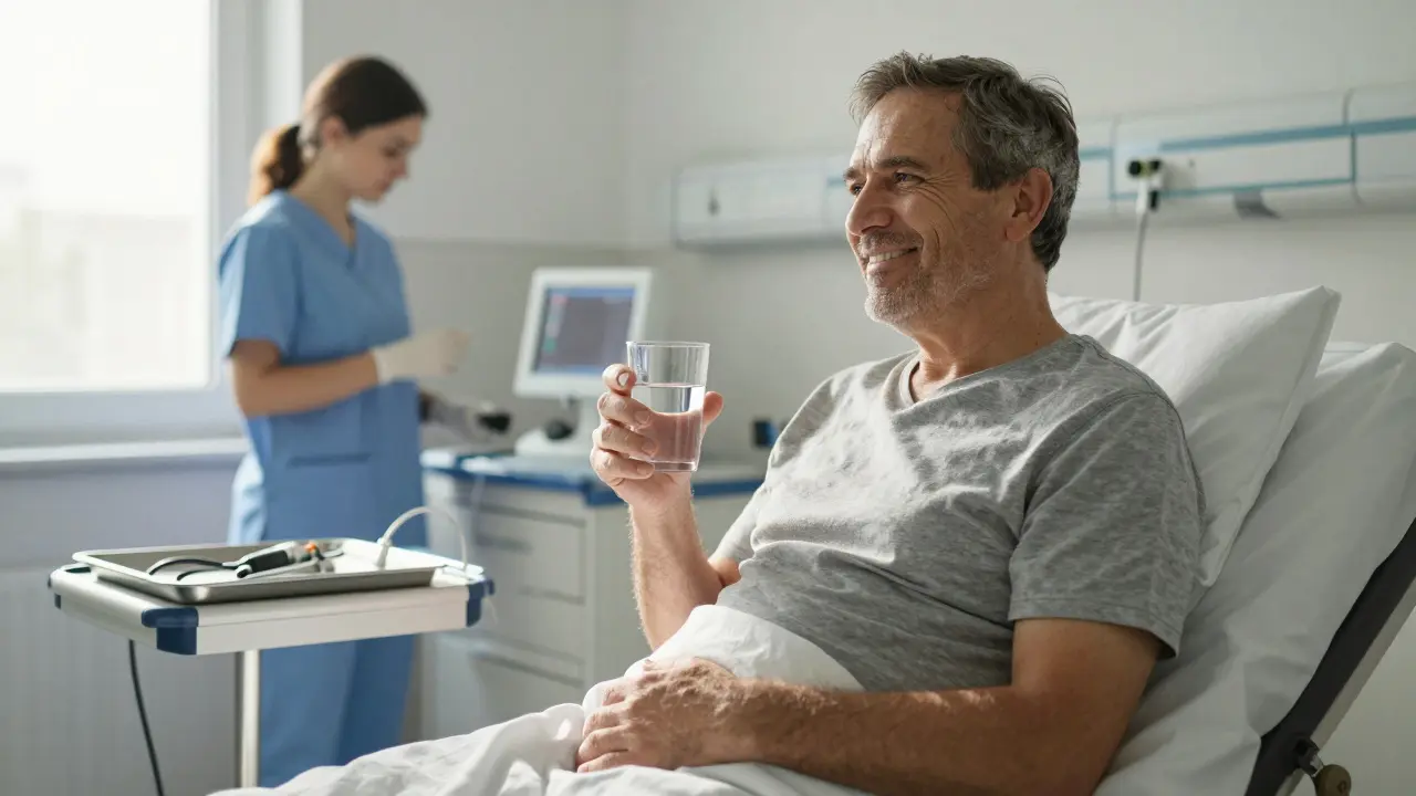 Pacient po gastroskopii klidně pije vodu v nemocničním pokoji, vyjádření úlevy a bezpečí.