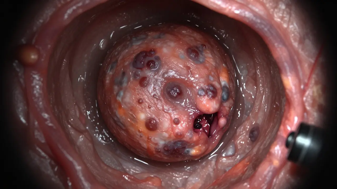 Pokročilý nádor konečníku s nekrózou a krvácením, částečně blokující dutinu.