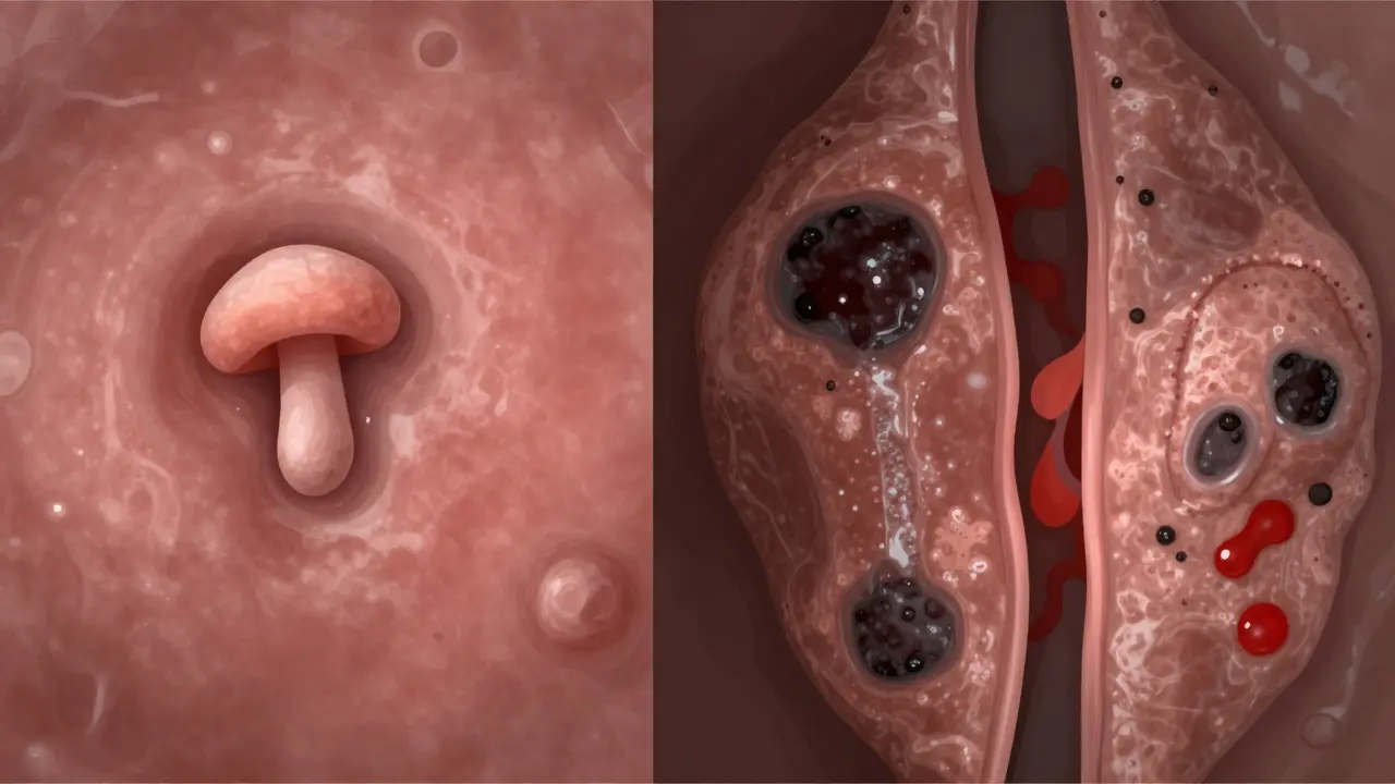 Porovnání raného polypu a pokročilého nádoru konečníku při kolonoskopii.