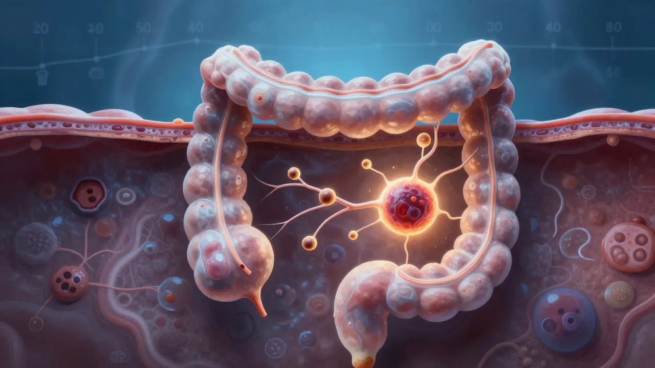 Příčný řez tlustého střeva ukazující přeměnu polypu v nádor.