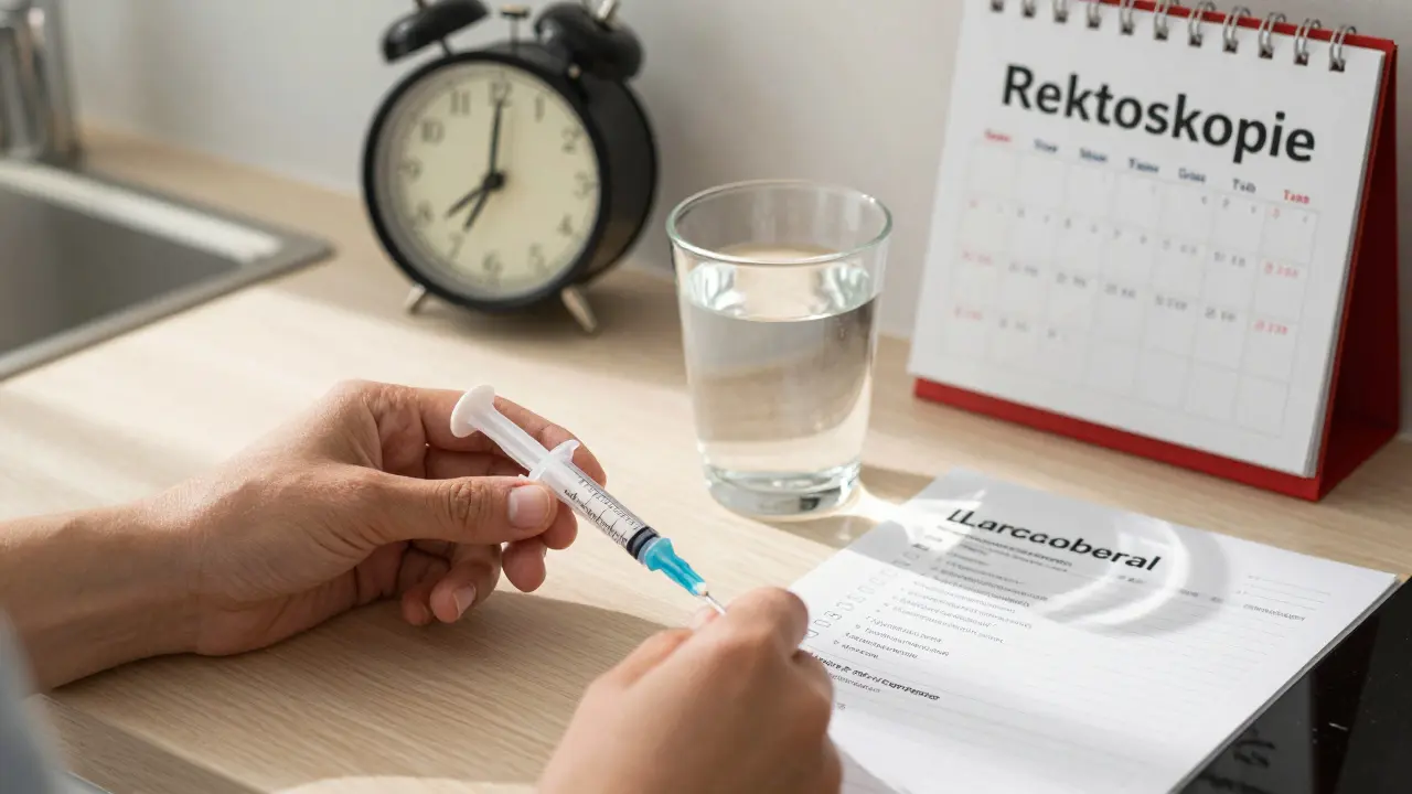 Příprava na rektoskopii: klystýr, tablety a voda na kuchyňském stole.