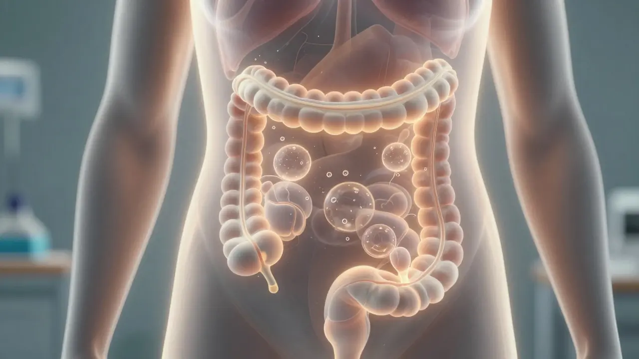 Průhledný lidský tělo s plynovými bublinami v tlustém střevě, zlaté světlo.