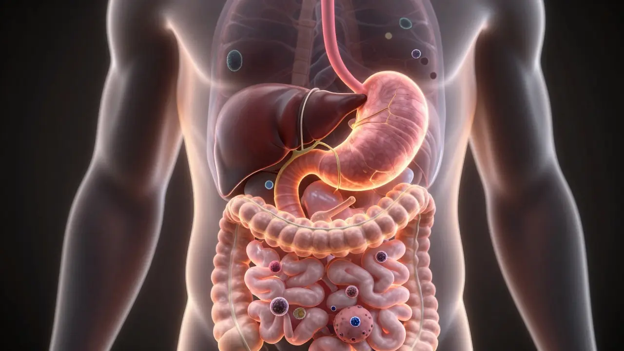 Průhledný průřez zažívacího traktu s viditelnými orgány a bakteriemi H. pylori.