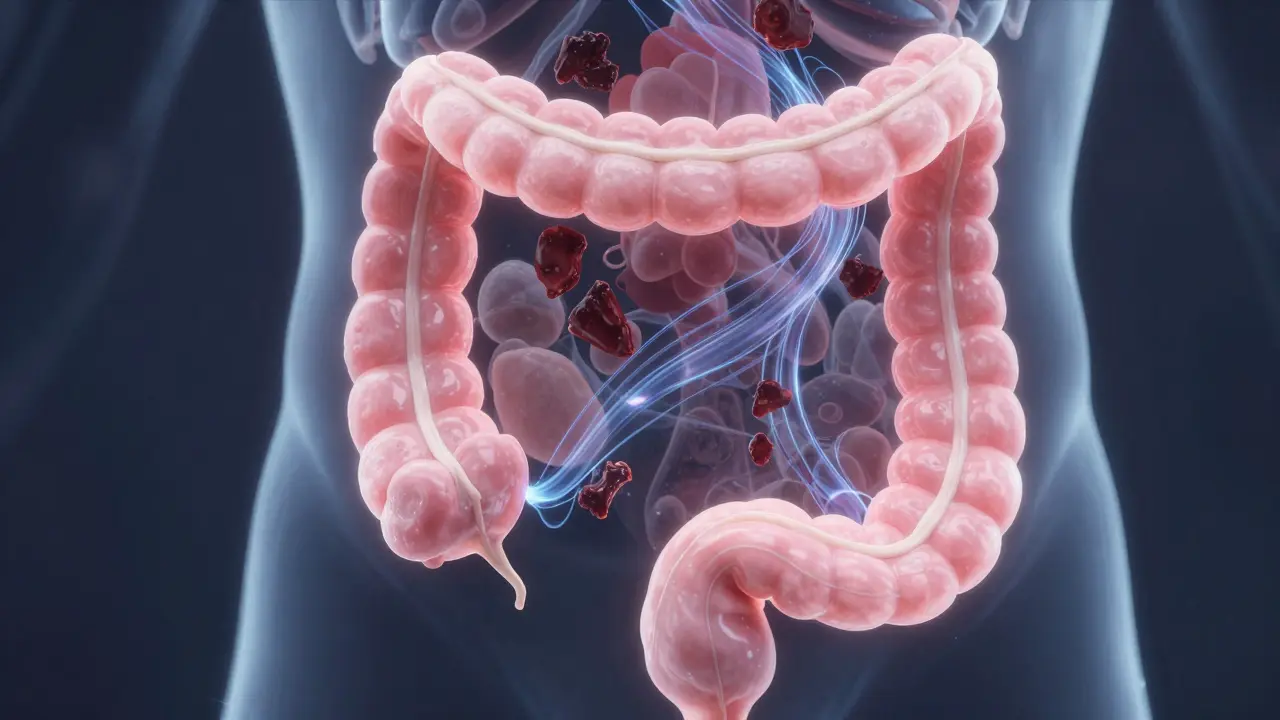 Průhledný tlustý střevo s čistými stěnami a odplavovanými zbytky.