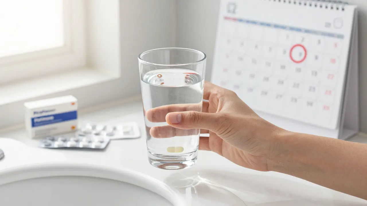 Průhledný výkal ve záchodě vedle sklenice vody a balíčků léků.