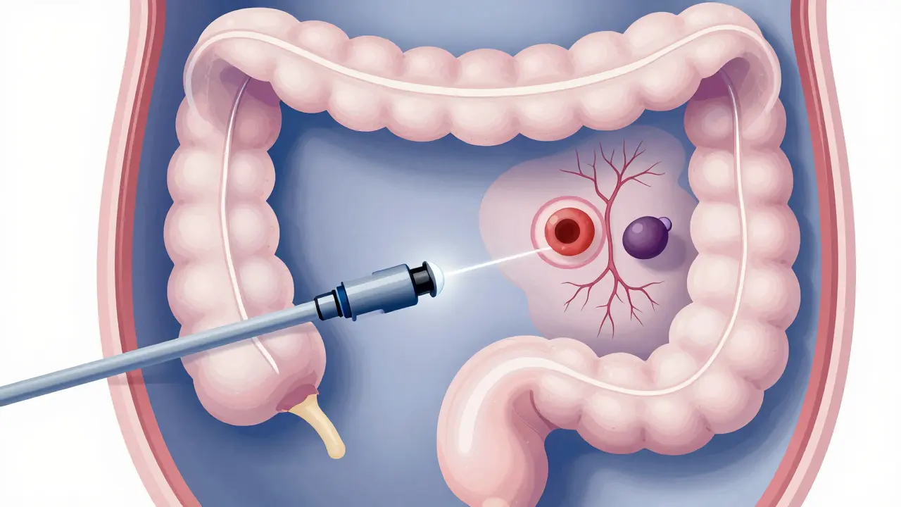 Průřez konečníku s rektoskopem a viditelnými hemoroidy a polypem.
