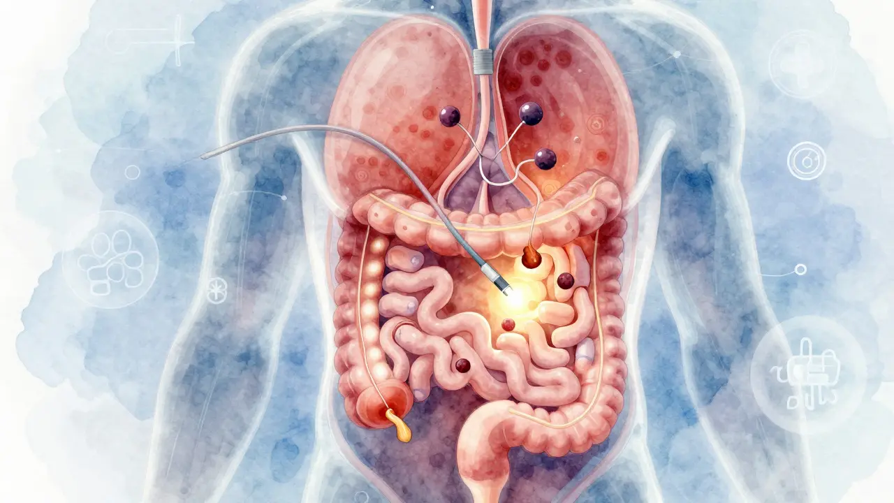Průřez lidského těla ukazující kolonoskop s odstraňováním polypů v tlustém střevě.
