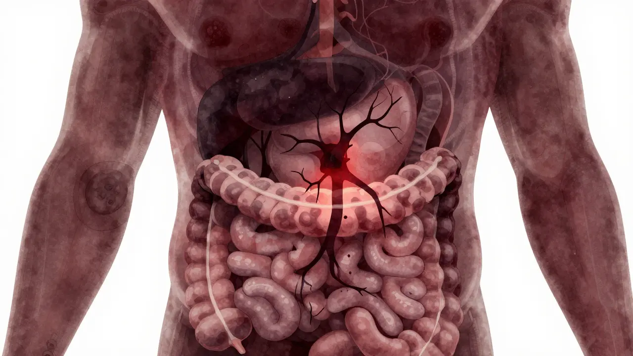 Průřez tenkého střeva s nádorem a skrytým krvácením, transparentní styl.