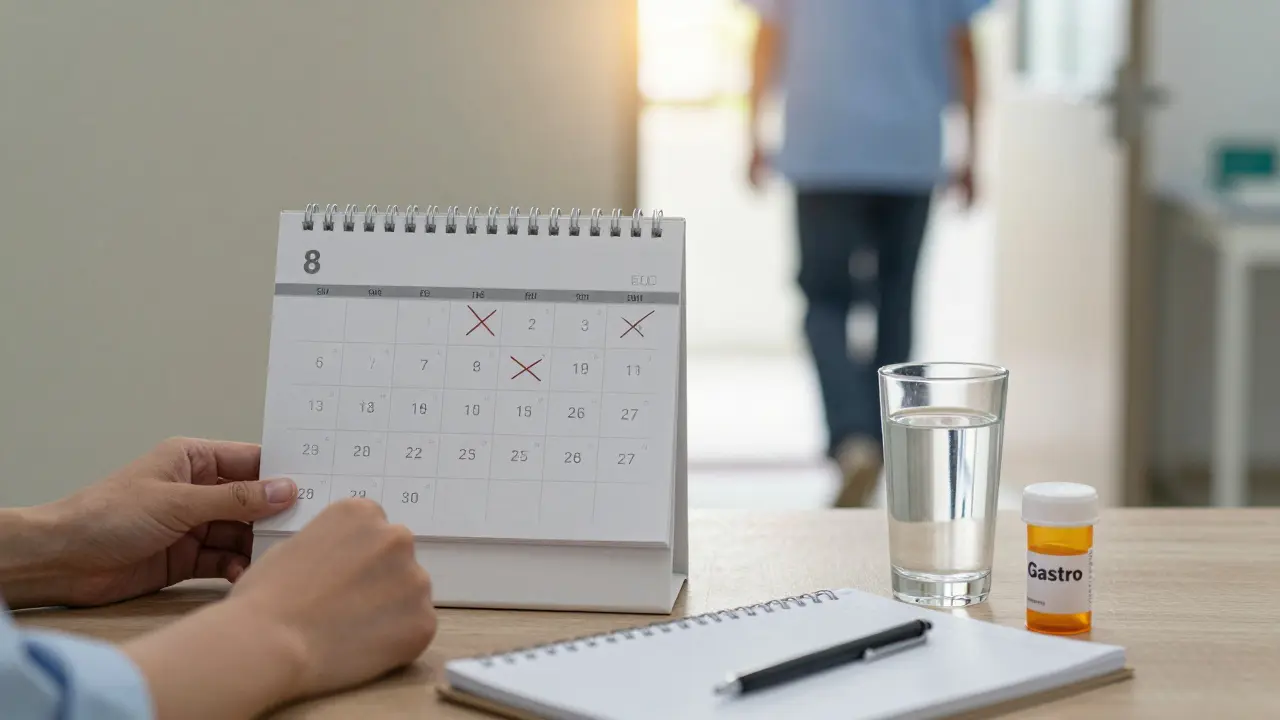 Ruce drží kalendář s přeškrtnutými dny a léky, symbolizující čekání a akci.
