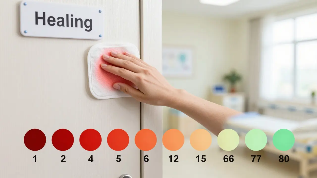 Ruka klade teplou obklad na dveře označené 'Hojení' s časovou osou obnovy.