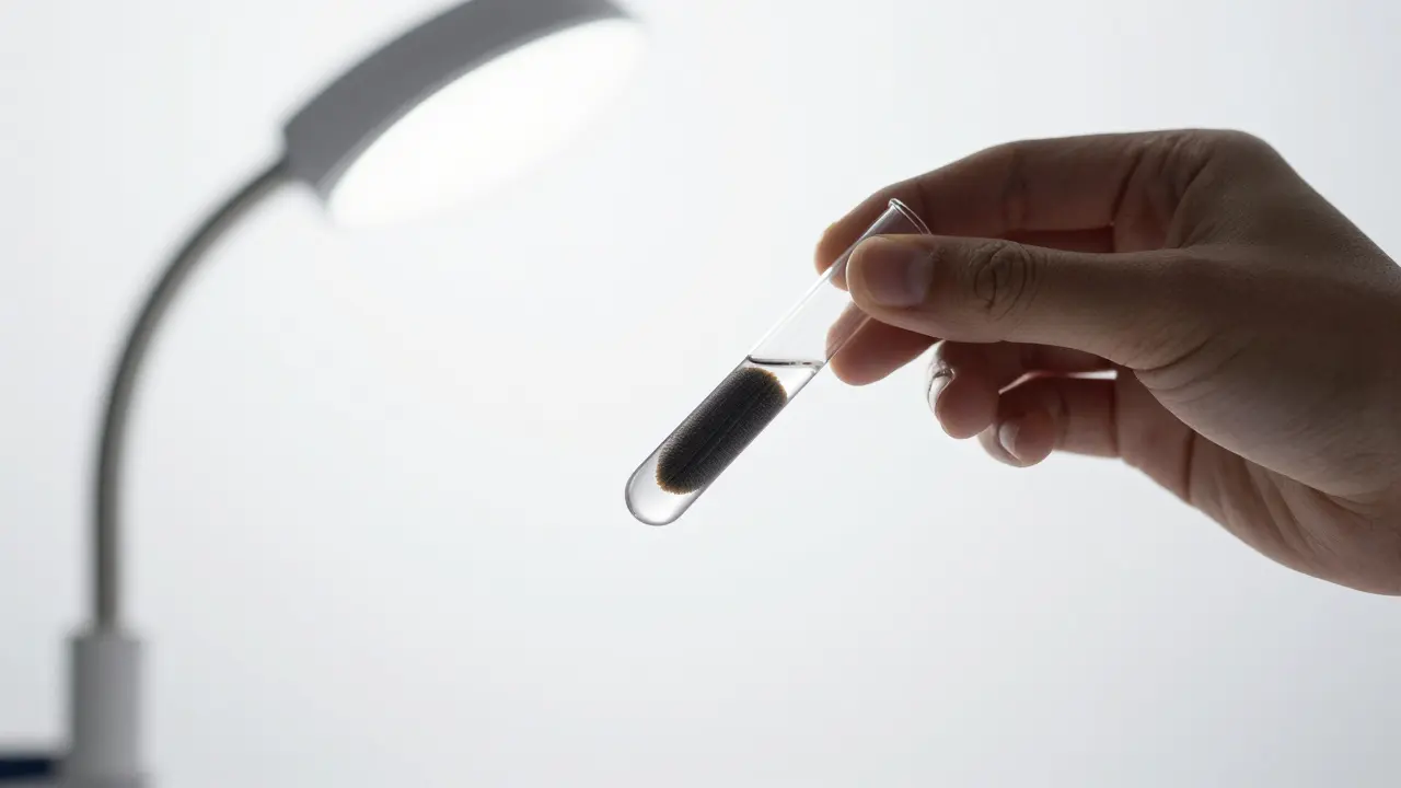 Rukou držený skleněný tubus s tmavým polypem na bílém pozadí.