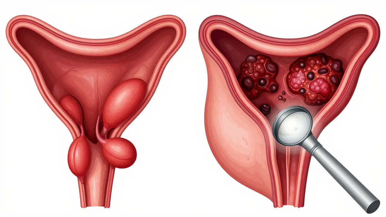Srovnání zdravých hemeroidů a nádoru v konečníku.