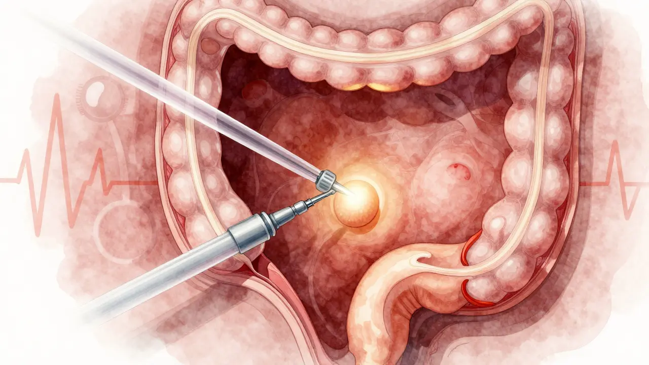 Vnitřní pohled na konečník s hemoroidy, polypem a zánětem při rektoskopii.
