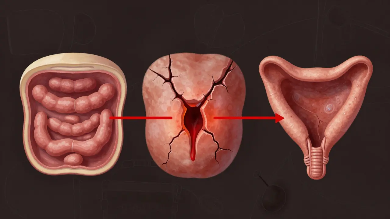 Vývoj nelečeného zánětu konečníku od zánětu až po trvalé poškození.