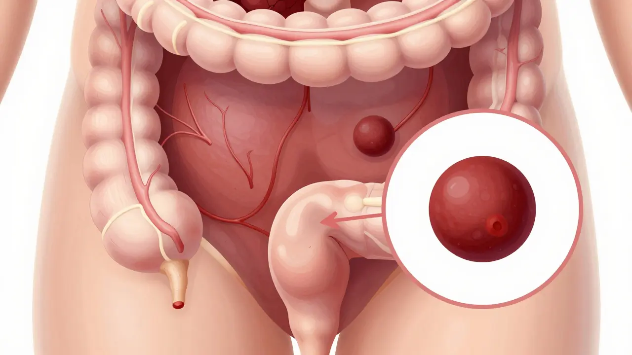 Zvětšený pohled na polyp a hemoroidy v oblasti konečníku.