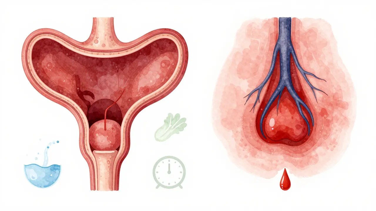 Anatomická ilustrace zdravých a zvětšených žil v oblasti konečníku s krvavou kapičkou.