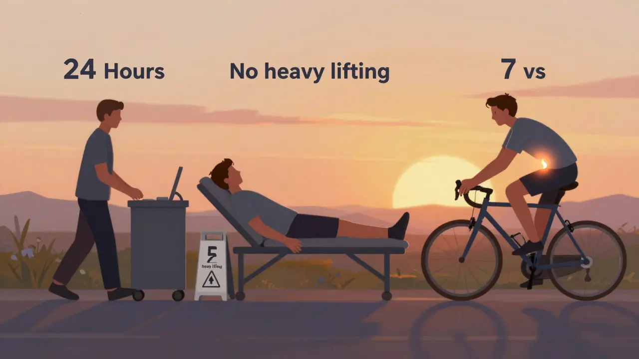 Časová osa obnovy po rektoskopii: návrat do práce, odpočinek, návrat k pohybu.