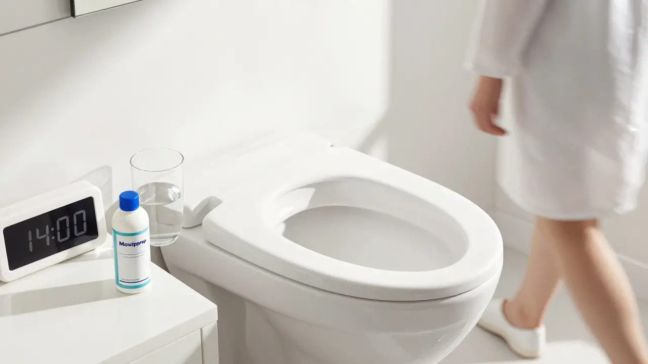 Čistá záchodová mísa s látkou Moviprep a sklenicí vody, ráno, na koupelnové konzoli.