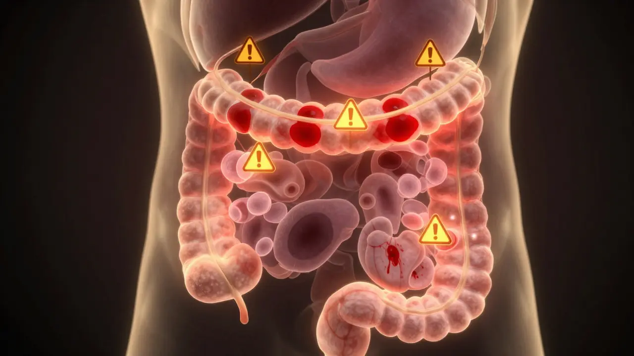 Glowing digestivní trakt s varovnými značkami na esofagu, střevech a stolici