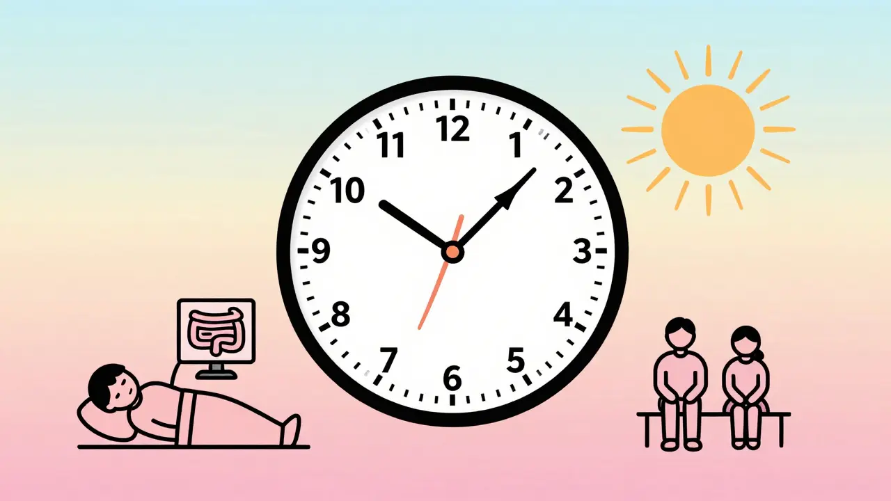 Hodiny s ručičkami tvaru kolonoskopu symbolizují dobu trvání celé procedury od příchodu do odchodu.