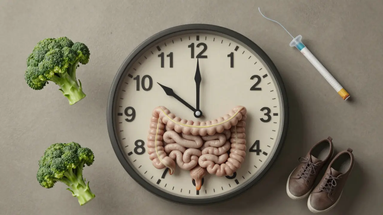 Hodiny s útvarůmi tlustého střeva, symbolizující čas a prevenci rakoviny.