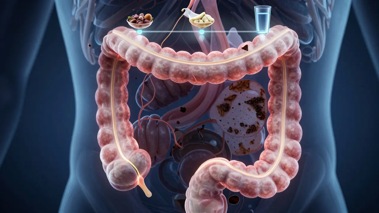 Illuminovaný tlustý střevní trakt s čistou strukturou po správné přípravě a zbytky potravy po špatné stravě.