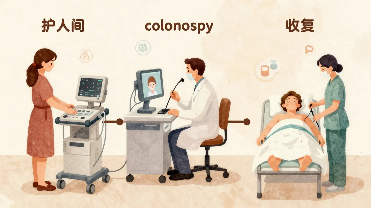 Ilustrace průběhu kolonoskopie v narkoze ve třech fázích: příprava, vyšetření a obnova.